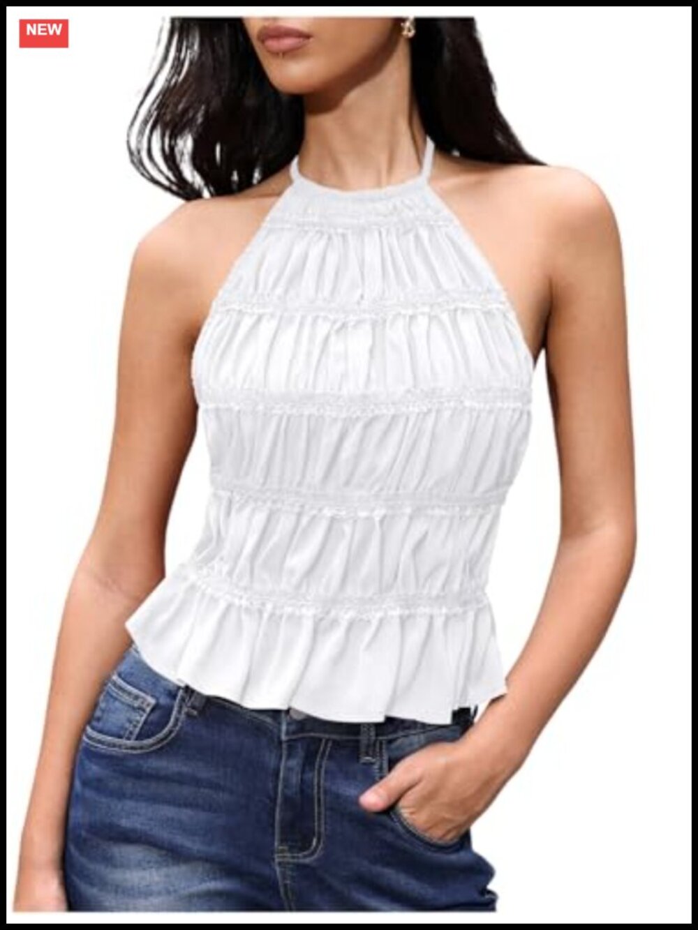 Halter Crop Top Open Back Ruffle Cami Sleeveless Polyester